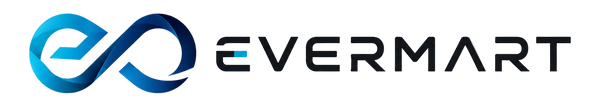The Evermart logo is displayed on a solid white background, featuring a stylized blue and dark blue infinity symbol with a lowercase 'e' on the left, and the word 'EVERMART' in black uppercase letters on the right.