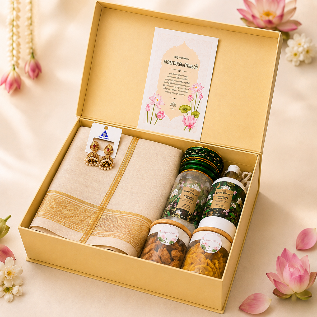 Premium Kerala Onam Gift Hamper for Women | Kerala Saree, Traditional Jewellery, Bangles, Hand Mirror & Chocolates