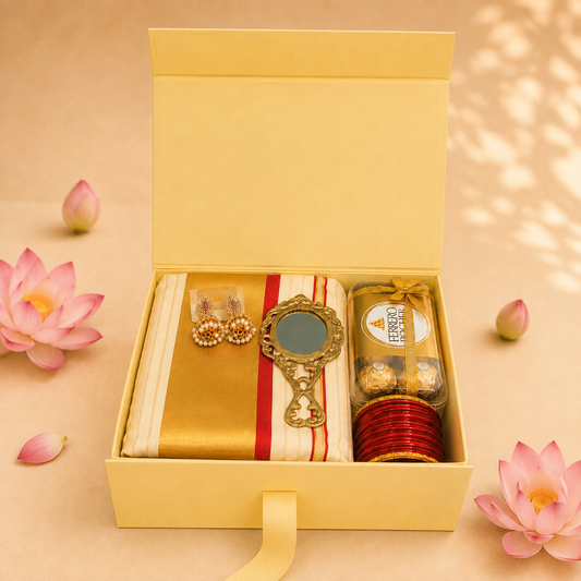Premium Kerala Onam Gift Hamper for Women | Kerala Saree, Traditional Jewellery, Bangles, Hand Mirror & Chocolates