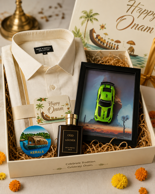 Premium Onam Gift Hamper for Men | Kerala Cotton Shirt, Car Frame, Oud Perfume & Kerala Souvenir Gift Set