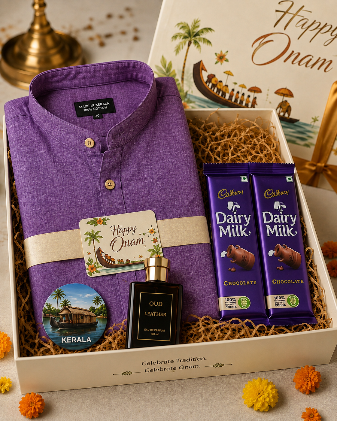 Premium Onam Gift Hamper for Men | Kerala Cotton Shirt, Car Frame, Oud Perfume & Kerala Souvenir Gift Set