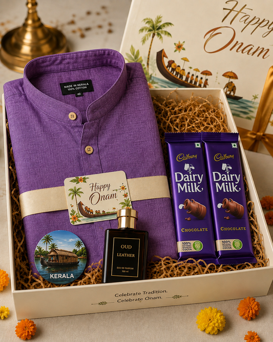 Premium Onam Gift Hamper for Men | Kerala Cotton Shirt, Car Frame, Oud Perfume & Kerala Souvenir Gift Set