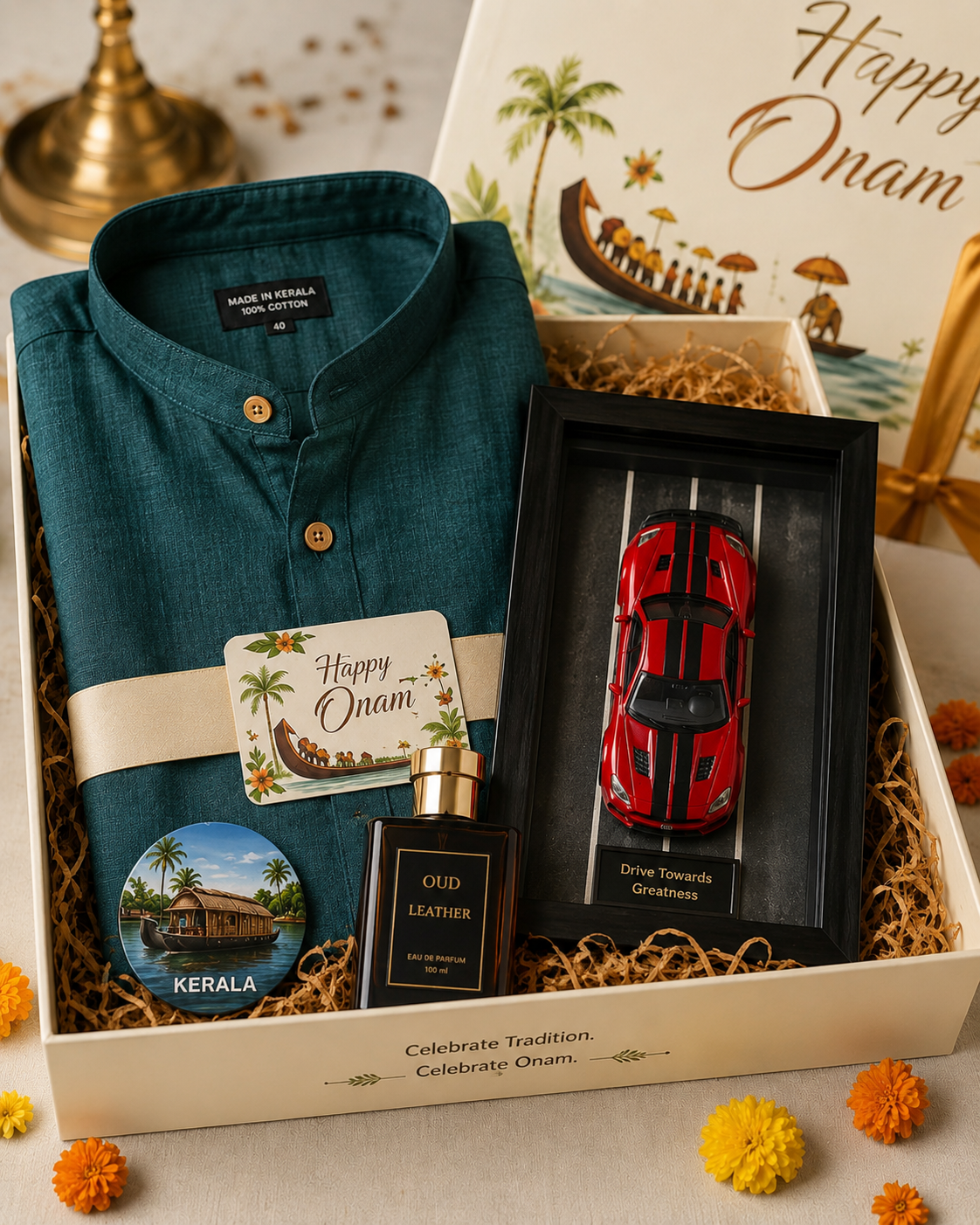 Premium Onam Gift Hamper for Men | Kerala Cotton Shirt, Car Frame, Oud Perfume & Kerala Souvenir Gift Set